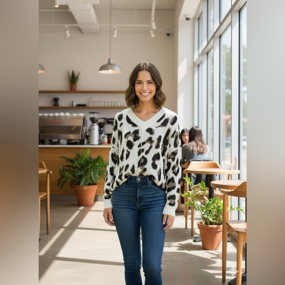 By Together Collection Women’s Oversized Medium Leopard Print V-Neck Sweater - Picture 2 of 8